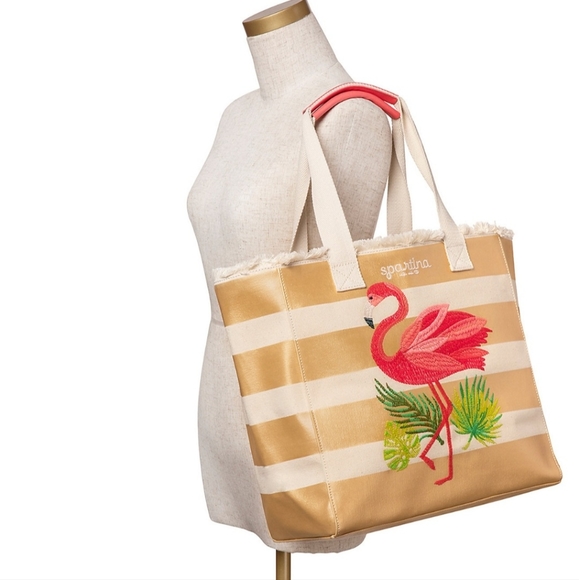 Spartina 449 Flamingo Embroidered Beach Tote Bag. - Picture 2 of 12